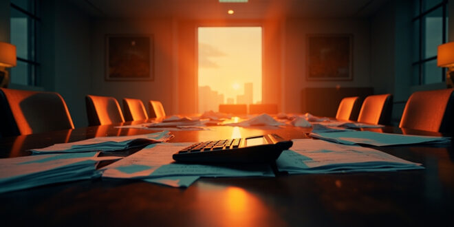 Scattered budget documents and calculator abandoned on mahogany conference table in sterile government office at dusk