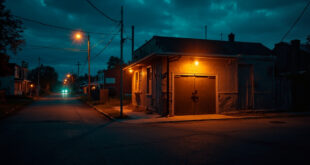 Abandoned police station with locked doors on a deserted small town street at dusk, illuminated by amber streetlights