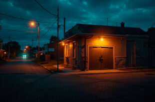 Abandoned police station with locked doors on a deserted small town street at dusk, illuminated by amber streetlights