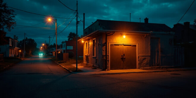 Abandoned police station with locked doors on a deserted small town street at dusk, illuminated by amber streetlights