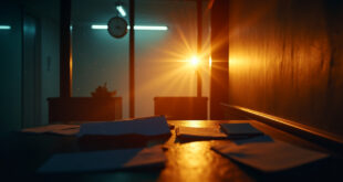 Empty government office desk with pension documents under a wall clock showing late hours in amber evening light
