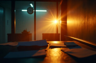 Empty government office desk with pension documents under a wall clock showing late hours in amber evening light