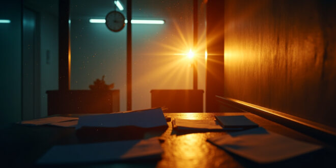 Empty government office desk with pension documents under a wall clock showing late hours in amber evening light