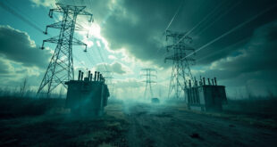 Abandoned power transmission towers stand silhouetted against a stormy sky in an empty industrial landscape
