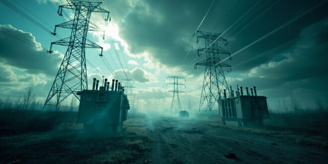 Abandoned power transmission towers stand silhouetted against a stormy sky in an empty industrial landscape