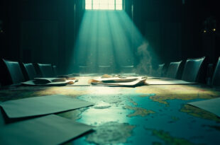 Empty diplomatic meeting room with scattered territorial maps and documents on an abandoned conference table