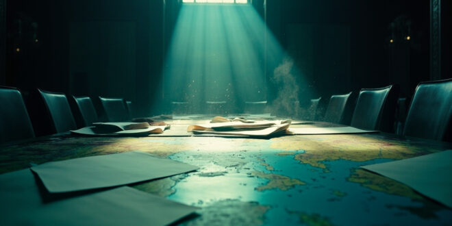 Empty diplomatic meeting room with scattered territorial maps and documents on an abandoned conference table