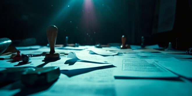 Empty bureaucratic desk with official welfare documents and rubber stamps in an austere government office