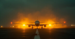 Abandoned government aircraft on empty runway at dusk with illuminated amber warning lights during emergency landing