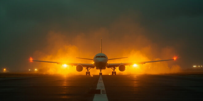 Abandoned government aircraft on empty runway at dusk with illuminated amber warning lights during emergency landing