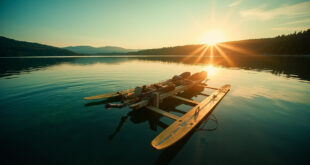 Confiscated makeshift raft constructed from paddleboards and beer garden furniture abandoned at Bavarian lake shore at dusk