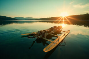Confiscated makeshift raft constructed from paddleboards and beer garden furniture abandoned at Bavarian lake shore at dusk