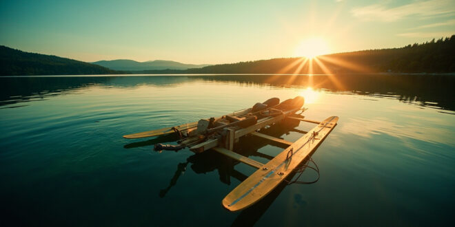 Confiscated makeshift raft constructed from paddleboards and beer garden furniture abandoned at Bavarian lake shore at dusk