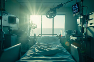 Empty hospital bed with life support equipment in a sterile corridor bathed in morning light