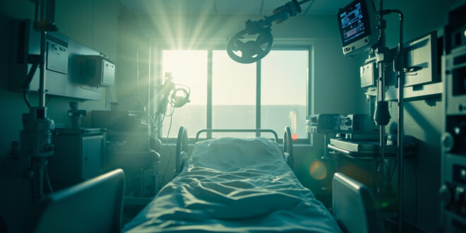 Empty hospital bed with life support equipment in a sterile corridor bathed in morning light