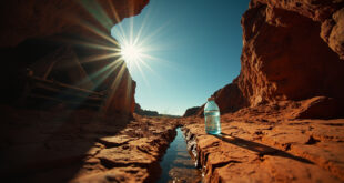 Abandoned campsite with makeshift shelter in rocky cave amid desolate Australian outback, empty water bottle by dried creek
