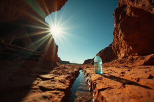 Abandoned campsite with makeshift shelter in rocky cave amid desolate Australian outback, empty water bottle by dried creek