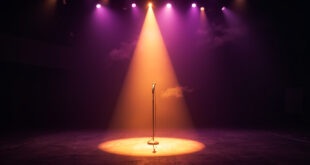 Empty spotlight illuminating a lone microphone on an abandoned concert stage, bathed in deep purple and gold light
