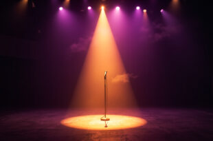 Empty spotlight illuminating a lone microphone on an abandoned concert stage, bathed in deep purple and gold light