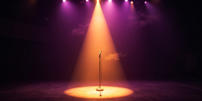 Empty spotlight illuminating a lone microphone on an abandoned concert stage, bathed in deep purple and gold light
