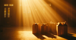 Collection of elegantly wrapped wedding gift boxes arranged for donation in a quiet, empty shelter donation center