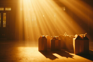 Collection of elegantly wrapped wedding gift boxes arranged for donation in a quiet, empty shelter donation center