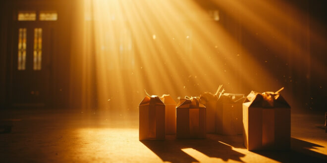 Collection of elegantly wrapped wedding gift boxes arranged for donation in a quiet, empty shelter donation center