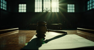 Wooden gavel and legal documents on an empty judge's bench in an abandoned courthouse after a stalking case sentencing.