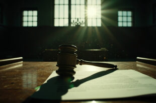 Wooden gavel and legal documents on an empty judge's bench in an abandoned courthouse after a stalking case sentencing.