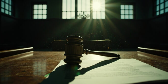 Wooden gavel and legal documents on an empty judge's bench in an abandoned courthouse after a stalking case sentencing.