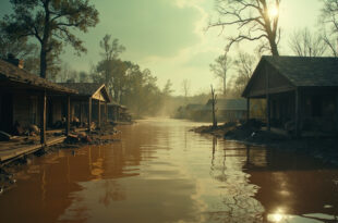 Abandoned camp buildings submerged in muddy floodwaters with debris scattered across devastated Texas Hill Country grounds.