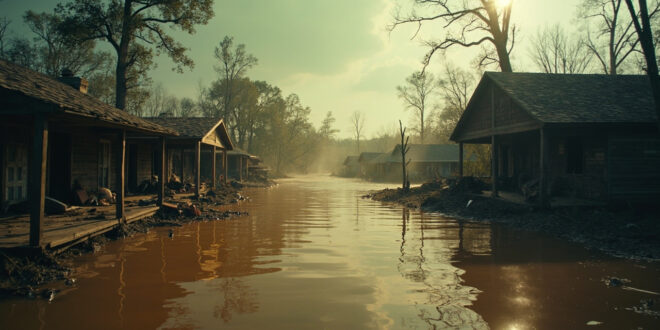 Abandoned camp buildings submerged in muddy floodwaters with debris scattered across devastated Texas Hill Country grounds.