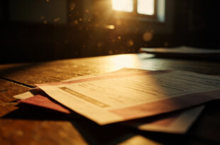 Portuguese residency application documents spread across wooden desk in quiet immigration office