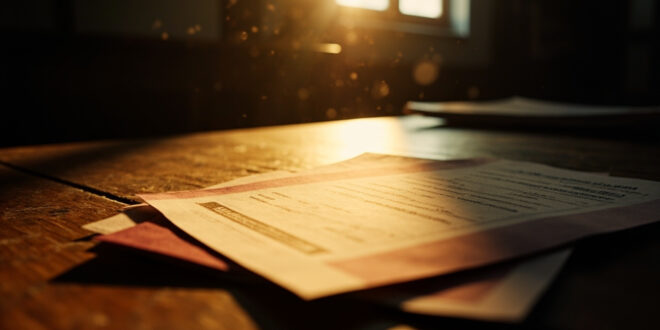 Portuguese residency application documents spread across wooden desk in quiet immigration office