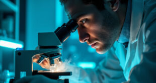 Medical microscope examining corneal tissue sample in sterile laboratory environment for vaccine eye damage research