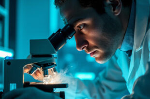 Medical microscope examining corneal tissue sample in sterile laboratory environment for vaccine eye damage research