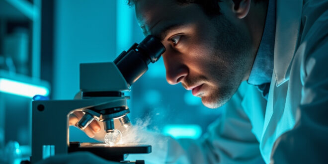 Medical microscope examining corneal tissue sample in sterile laboratory environment for vaccine eye damage research
