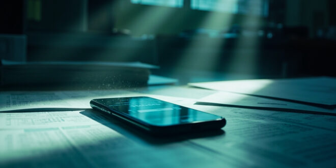 Unattended desk with financial documents and smartphone displaying debt payment interface in sterile government office