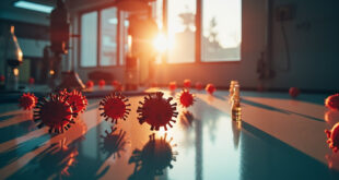 Abandoned viral research laboratory at dawn showing empty workstation with illuminated 3D virus models and untouched samples