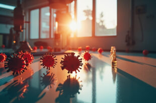 Abandoned viral research laboratory at dawn showing empty workstation with illuminated 3D virus models and untouched samples