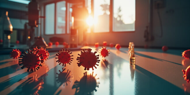 Abandoned viral research laboratory at dawn showing empty workstation with illuminated 3D virus models and untouched samples