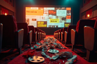 Empty cinema seats facing a screen displaying mixed reviews, with scattered film reels and critique papers in twilight