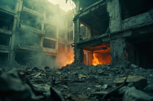 Bombed building ruins with broken windows and orange flames in empty war-torn urban landscape