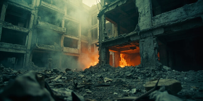 Bombed building ruins with broken windows and orange flames in empty war-torn urban landscape