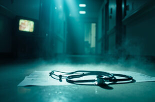 Empty hospital corridor with dramatic lighting, featuring stethoscope on abandoned medical chart in clinical white and blue