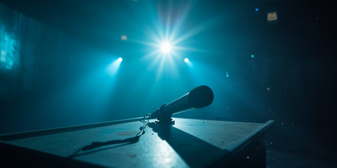 Abandoned television studio at twilight with silent microphone on empty desk, darkened equipment and dust particles