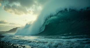 Massive tsunami waves approach an empty Pacific coastline at dawn, with towering wall of dark blue water against stormy gray sky