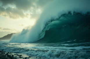 Massive tsunami waves approach an empty Pacific coastline at dawn, with towering wall of dark blue water against stormy gray sky