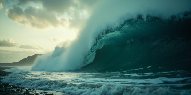 Massive tsunami waves approach an empty Pacific coastline at dawn, with towering wall of dark blue water against stormy gray sky