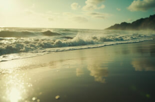 Deserted Pacific shoreline at dawn showing abnormally receded ocean waters exposing seabed - a natural tsunami warning sign